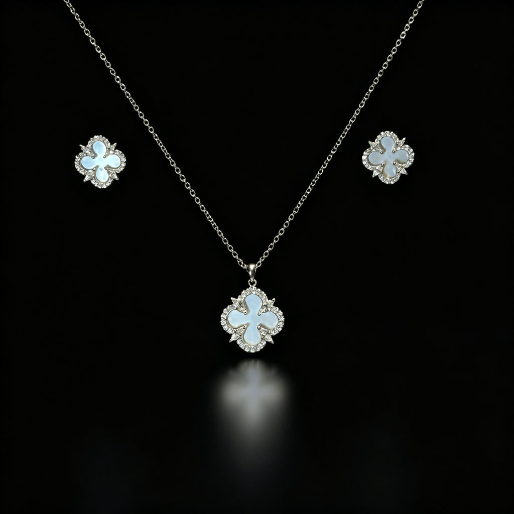 Set Kalung & Anting Four Leaf Clover Putih – Galaksi Jewelry