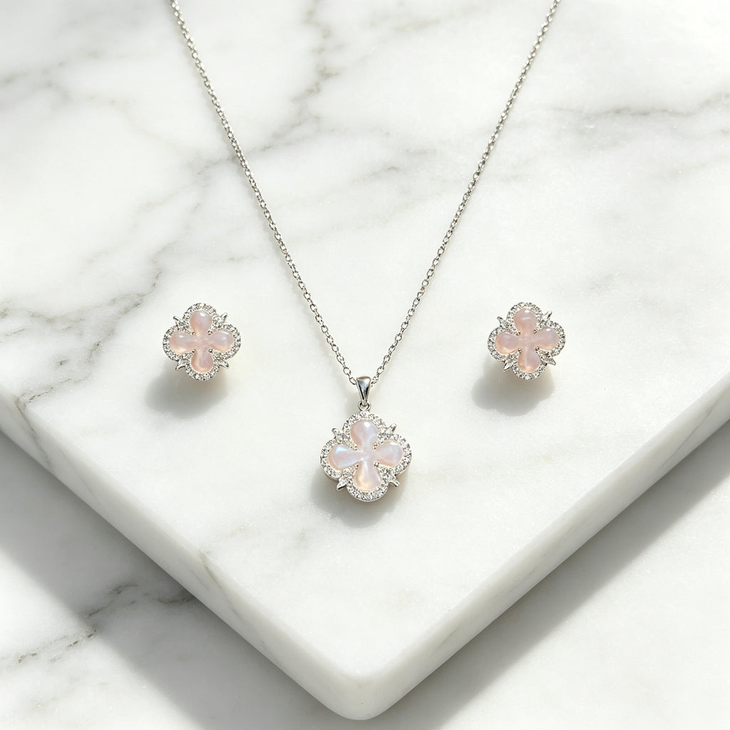 Set Kalung & Anting Four Leaf Clover Pink – Galaksi Jewelry