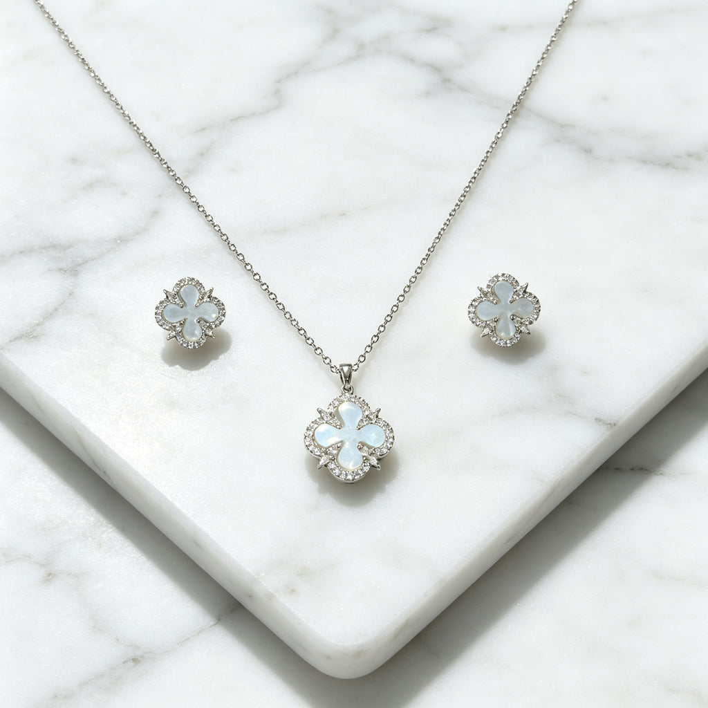 Set Kalung & Anting Four Leaf Clover Putih – Galaksi Jewelry