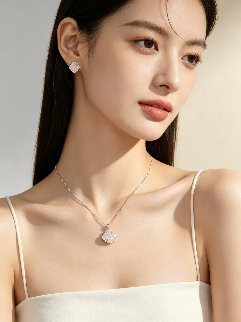 Set Kalung & Anting Four Leaf Clover Pink – Galaksi Jewelry